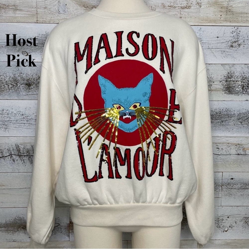 Gucci Ivory Cat Sequin Sweatshirt Top Size XS 562199 Logo 80s Feline Glamoratti